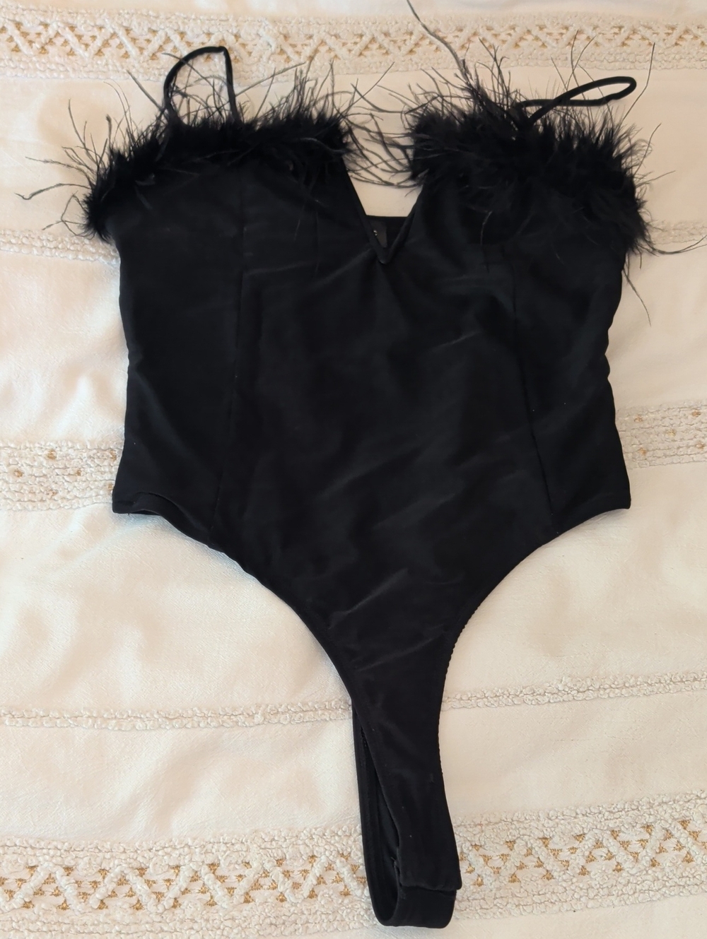 Alice + Olivia Black Feather-Trim Bandeau Bodysuit